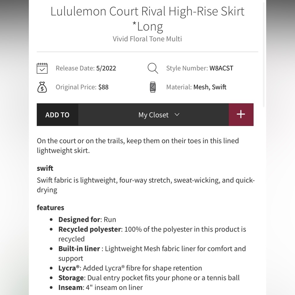 Lululemon Court Rival High Riise Skirt size 10Long in Vivid Floral Tone Multi - Picture 11 of 13